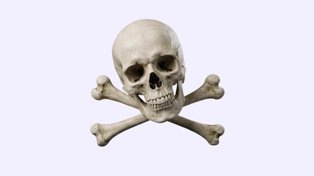 A realistic 3D model of a human skull resting on crossed skeletal thigh bones rotates slowly against a clean white backdrop. This high-contrast graphic is perfect for medical education, anatomy studie
