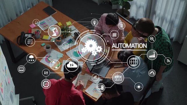 A diverse team collaborates on an automation strategy in a modern office, surrounded by graphic icons and workflow visuals, enhancing creativity and productivity. Raster