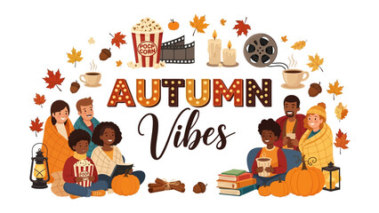 Fototapeta premium Autumn Vibes Illustration: A warm and inviting scene depicting cozy autumn activities with diverse people enjoying the season's comforts, surrounded by thematic elements like pumpkins, popcorn.