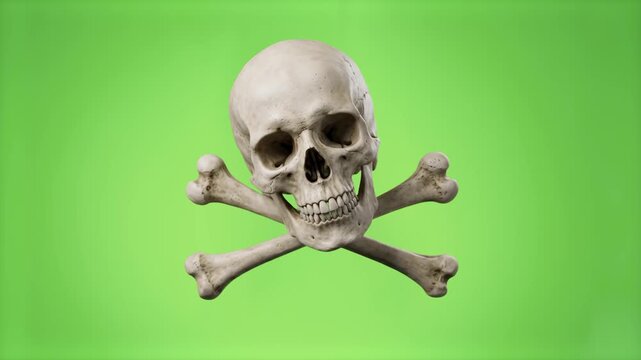 A detailed 3D rendering of a human skull with crossed bones positioned underneath. Isolated against a chroma key green screen backdrop, this pirate symbol and danger warning asset is ideal for Hallowe