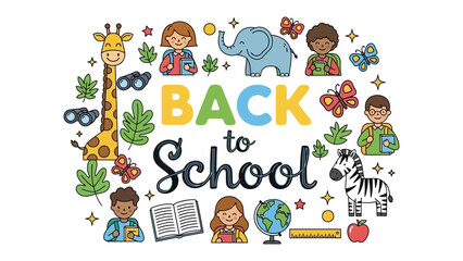 Naklejka premium Back to School Celebration: A whimsical collection of cartoon-style illustrations celebrates the joy and excitement of returning to school, featuring happy children, diverse animals.