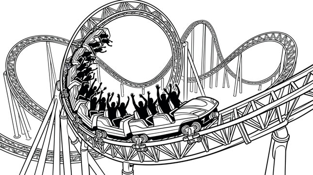 Silhouette of people on a thrilling rollercoaster ride in a fun park or amusement park isolated on white background