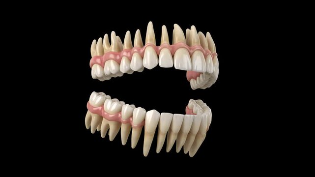 A detailed 3D render of upper and lower human jaw teeth with gums isolated against a black background. Ideal for dental care presentations, orthodontics education, medical animations, and oral hygiene