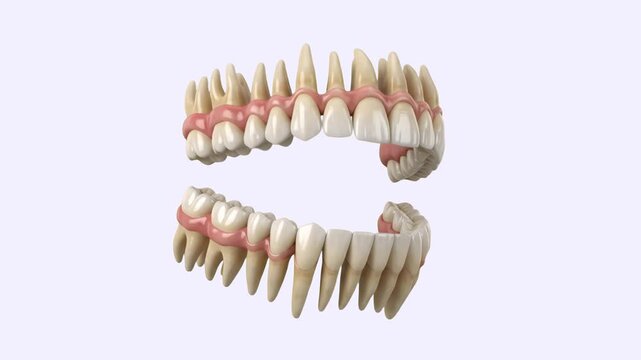 A highly detailed 3D dental illustration showing the upper and lower human jaws with accurate teeth placement and pink gum tissue, isolated on a light background. Perfect for stomatology textbooks, or