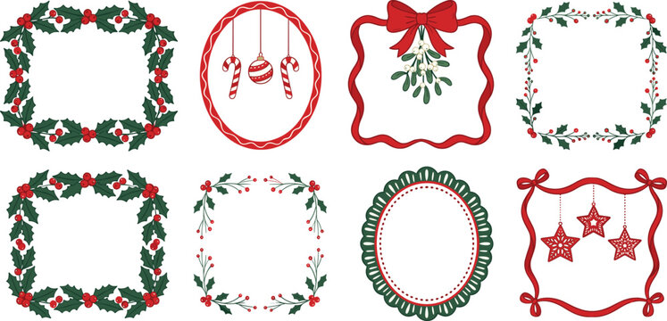 Collection of Festive Christmas Wreaths and Ornate Decorative Borders with Holiday Elements