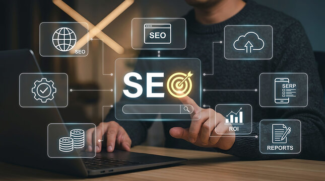 SEO digital marketing concept with businessman working on laptop