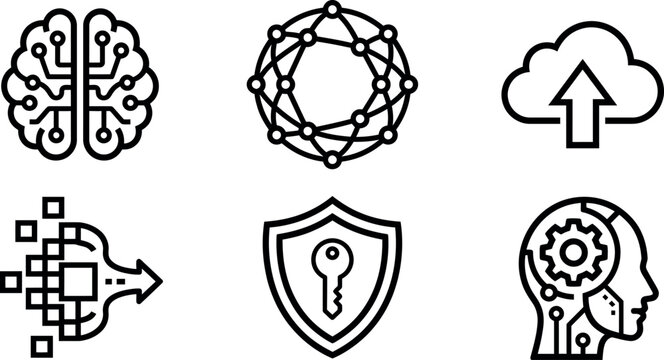 Silhouette technology icons set including brain, network, cloud, AI, security, gear in head on white background