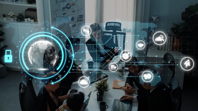 Business professionals engage in a collaborative office meeting, exploring innovative strategies with a focus on global connectivity and data security concepts. Raster
