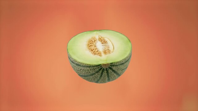 A 3D render of a sliced honeydew or galia melon with visible seeds, suspended over a smooth warm orange studio backdrop. Suitable for tropical fruit branding, healthy eating campaigns, and vibrant foo