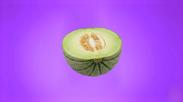 A realistic 3D render of a fresh galia or cantaloupe melon sliced in half, revealing its seeds and pale green flesh over a solid purple backdrop. Great for fruit juice advertisements, summer food them