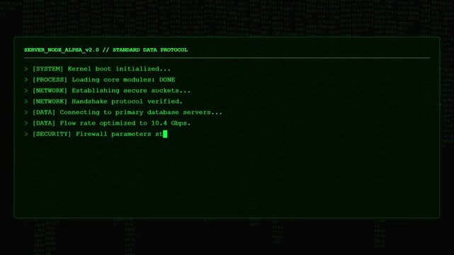 Server Boot Sequence Terminal Encrypted System Online Animation.