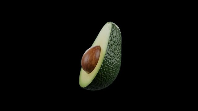 A detailed half of a fresh avocado with intact seed pit hovering in mid-air against a solid black backdrop. Perfect for high-contrast food commercials, restaurant promos, superfood advertising, and cu