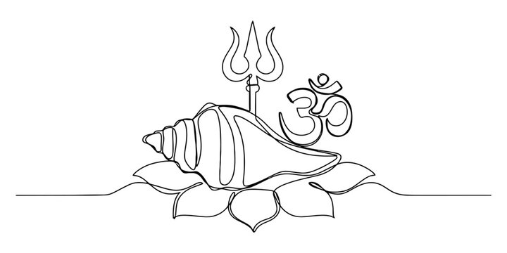 Continuous single line drawing of hindu religious symbols including a conch shell, trishula trident, and om sign resting on a lotus flower icon