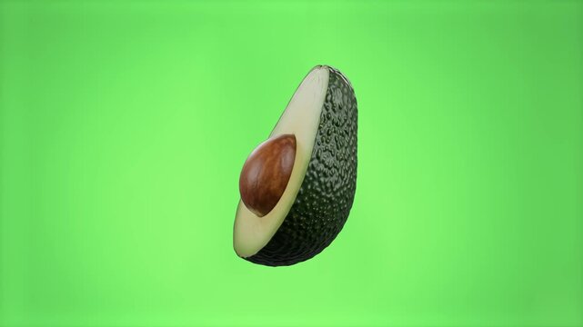 A detailed 3D render of a sliced fresh green avocado with its seed exposed, floating against a bright green screen background. Perfect for healthy food commercials, nutrition videos, and culinary visu