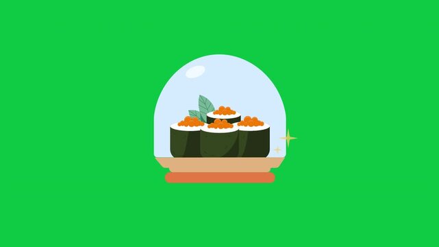 Animated Seamless Loop of Maki Sushi Roll in Glass Cloche Dome, 2D Vector Japanese Food on Green Screen