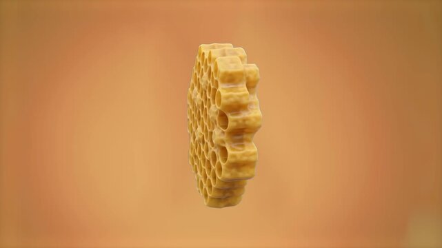 A high-quality 3D illustration of a round textured honeycomb piece, isolated against a solid warm beige or soft orange backdrop. Perfect for healthy breakfast packaging layouts, honey cosmetic marketi