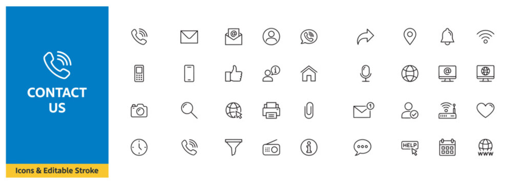 Modern contact us line icon pack for digital communication, web development, and user interface.