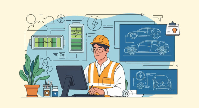 Male engineer in safety vest and hard hat working on a computer to design electric vehicle schematics, featuring battery storage icons and automotive blueprints in a flat vector style.