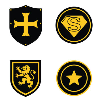 Vector art of four emblem icons including a cross shield, superman logo, lion shield, and star emblem