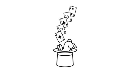 Obraz premium A black and white line art illustration of a rabbit emerging from a magician hat with floating playing cards.