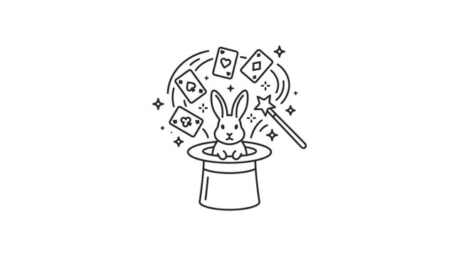 A hand drawn illustration of a cute rabbit emerging from a magician top hat with playing cards and a magic wand.