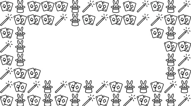 Hand drawn magic themed border with rabbits in hats and playing cards.