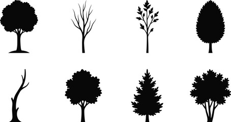 Set of Diverse Black Tree Silhouettes Isolated on White Background for Landscape and Environmental Design © MstAshida
