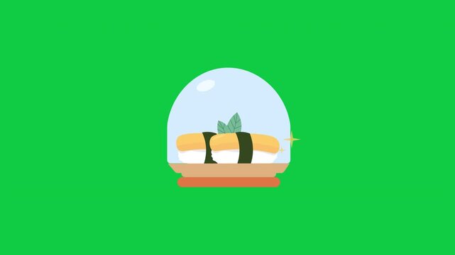 Animated Seamless Loop of Tamago Sushi in Glass Cloche Dome, 2D Vector Japanese Food on Green Screen