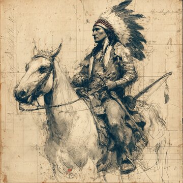 Majestic illustration of a Native American warrior on a horse, wearing a traditional feather headdress and holding a spear against a dramatic sunset.