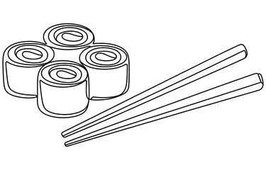 Black and white line art illustration of fresh sushi rolls with a pair of wooden chopsticks Vector, illustration © Digital Illustration