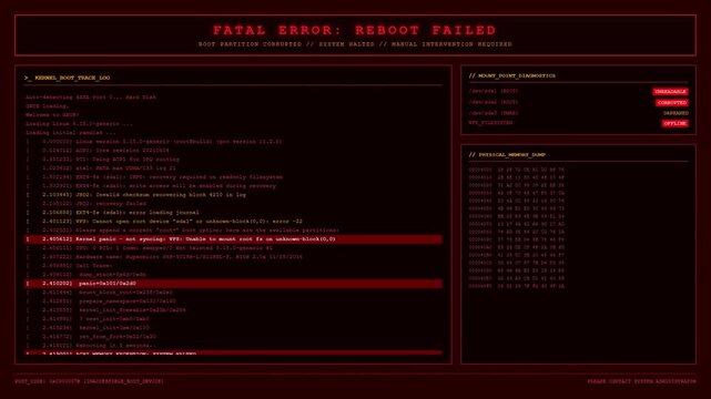 Fatal Boot Error Linux Kernel Panic Reboot Failed System Halted Animation.