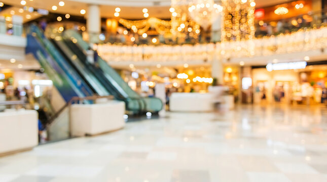 Blurred mall interior with escalators and shop fronts