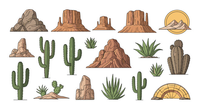 Large collection of various desert elements including rocks, mountains, cacti, agaves, and a stone archway.