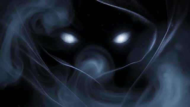 Mysterious glowing eyes peering through dark, flowing shadows