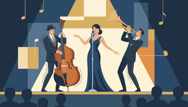 Jazz band performs live on stage under bright spotlights with singer, double bass player, and trumpeter.