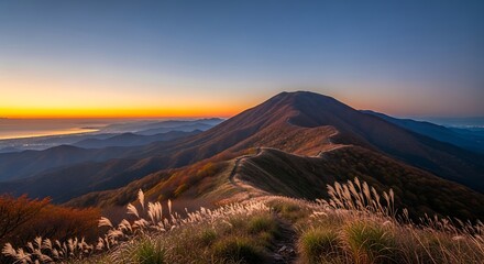 Fototapeta premium Breathtaking mountain landscape view at sunrise with golden light and tall grass.