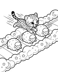 Fototapeta premium educational isometric sports coloring with engaging team sports scenes Adorable Cheetah Cub Leaping Over Dreaming Sheep on Cloud Bridge in Whimsical Black and White Illustration