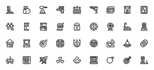 Arcade Center icon set. Minimal thin line web icons. Vector illustration. Featuring joystick, bowling, air hockey, pinball, gamepad, dart, claw, ticket and more. © wang