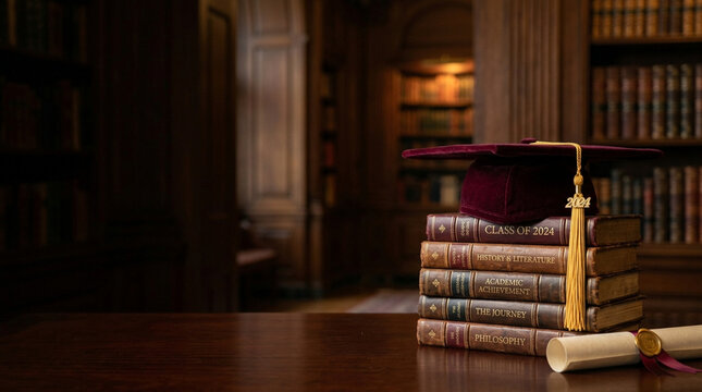 Maroon graduation cap with 2024 gold tassel on a stack of academic books and a diploma scroll inside a classic vintage library with wooden bookshelves and blurred background.