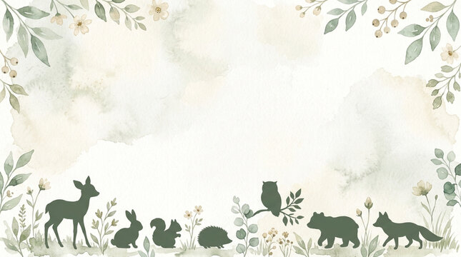 Watercolor woodland animal silhouettes of deer, rabbit, squirrel, hedgehog, owl, bear, and fox along the bottom edge with green leaves and flowers on a textured paint wash background.