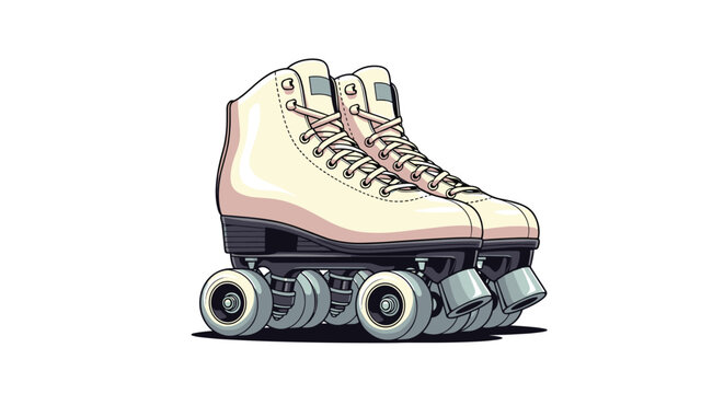 Pair of classic white roller skates with black frames and grey wheels is shown as a detailed graphic against a plain background.