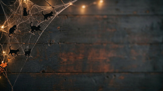 Halloween background with black cat silhouettes on spider webs and branches against a dark horizontal wooden plank wall with glowing yellow fairy lights and empty copy space.