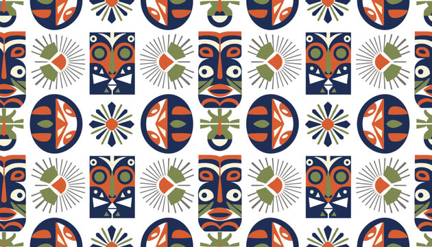 Seamless ethnic pattern featuring traditional tribal masks, sun symbols, and abstract geometric folk elements.