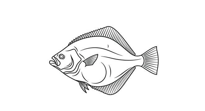 Detailed black and white line art engraving of a single flatfish showing its unique anatomical features and fin structures on white background.