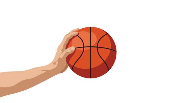 Realistic digital illustration of a human hand firmly gripping a textured orange basketball against a clean white background for sports theme.