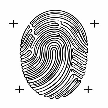 Detailed black and white fingerprint illustration with registration marks