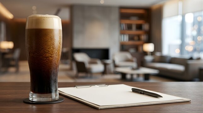 Cold brew coffee glass with foam on a desk with a notebook in an office