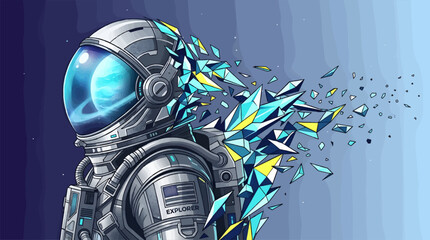 Astronaut Profile Portrait with Reflective Visor Showing Planet, Abstract Geometric Shards Dissolving into Space, Modern Vector Illustration of Futuristic Space Explorer in Detailed Suit © Eddystudio