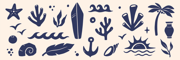 Obraz premium Summer icon beach abstract set. Hand drawn summer icon beach sea wave sun palm surf mediterranean. Boho shell coral ocean travel island tropical vintage background. Vector illustration