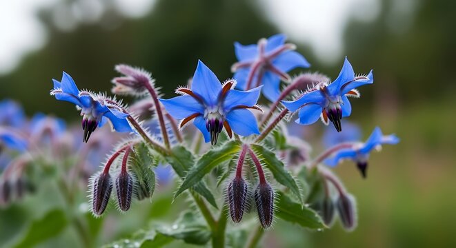 Beautiful vibrant blue borage flowers blooming in a summer garden.